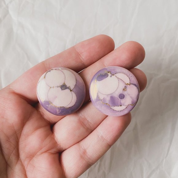 Vintage Handmade Abstract Pink Purple Painted Ceramic Large Circle Disc Earrings - Picture 5 of 6
